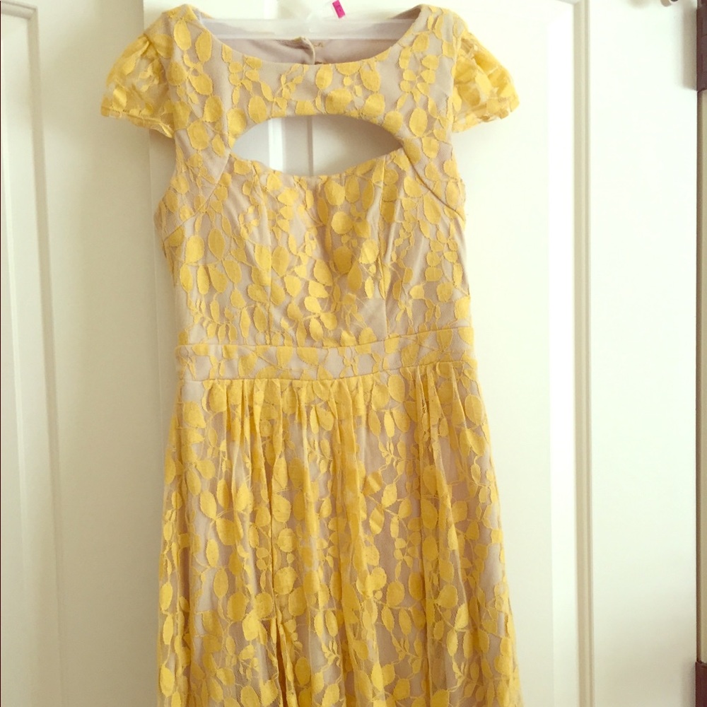 Beautiful yellow and beige lace, floral mini dress